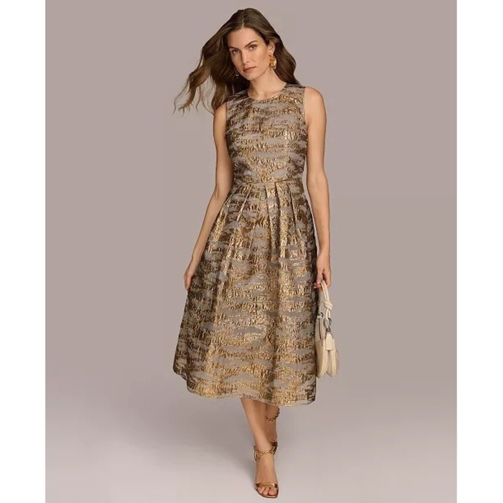 NWOT Donna Karan New York Womens Sleeveless Pleated Brocade Organza Midi Dres 8